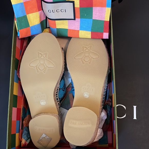 Gucci Sandals Fabric New Espadrille Canvas GG/Napa Charlotte light blue 6.5 - Picture 7 of 10